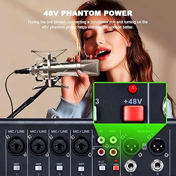 Bluetooth付き6チャンネルオーディオミキサー、16DSPエフェクト、48Vファントムパワー、USB/MP3再生 - ポッドキャスト、ライブストリーミング、カラオケ、ホームスタジオ録音用のプロフェッショナルサウンドボードミキシングコンソール
