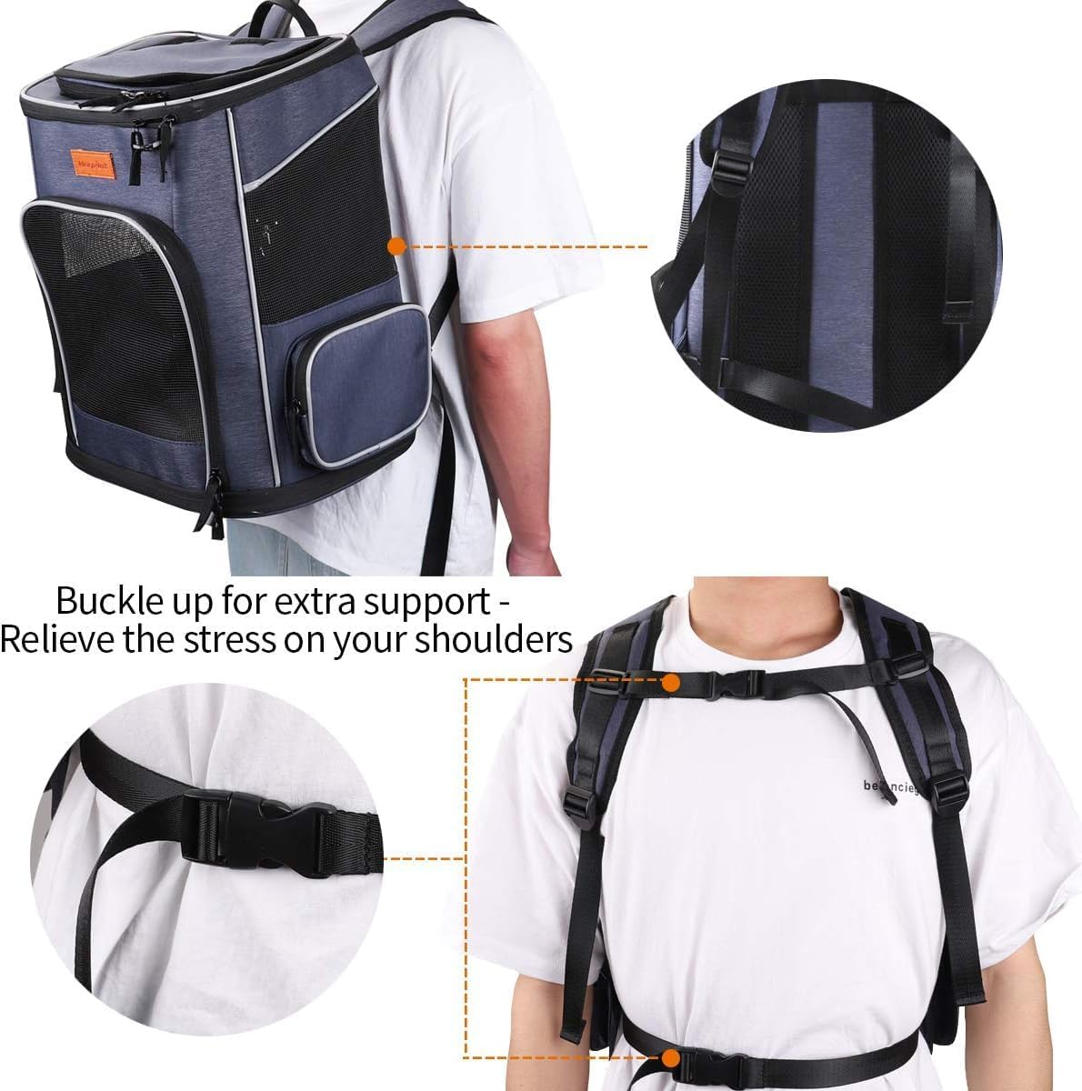 morpilot Mochila Transportín Perro, Mochila Transportín Gato Bien Ventilado con Correa de Seguridad Interior, Bolsa de Transporte para Para Gatos y Perros Pequeños Azul (32 x28 x42cm) + Tazón Plegable