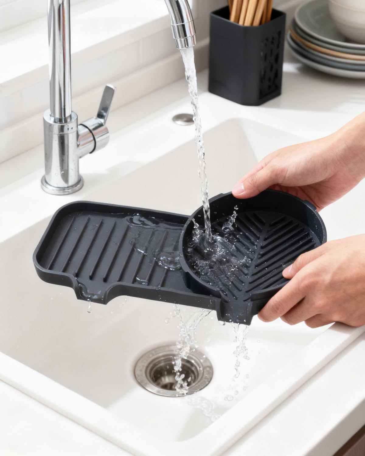 Upgraded 2-in-1 Silicone Sponge & Soap Holder with Extra Tray, Auto-Drain Organizer for Kitchen & Bathroom Sink, Compatible with Scrub Daddy Sponges, Holds Soap, Dish Soap Dispenser
