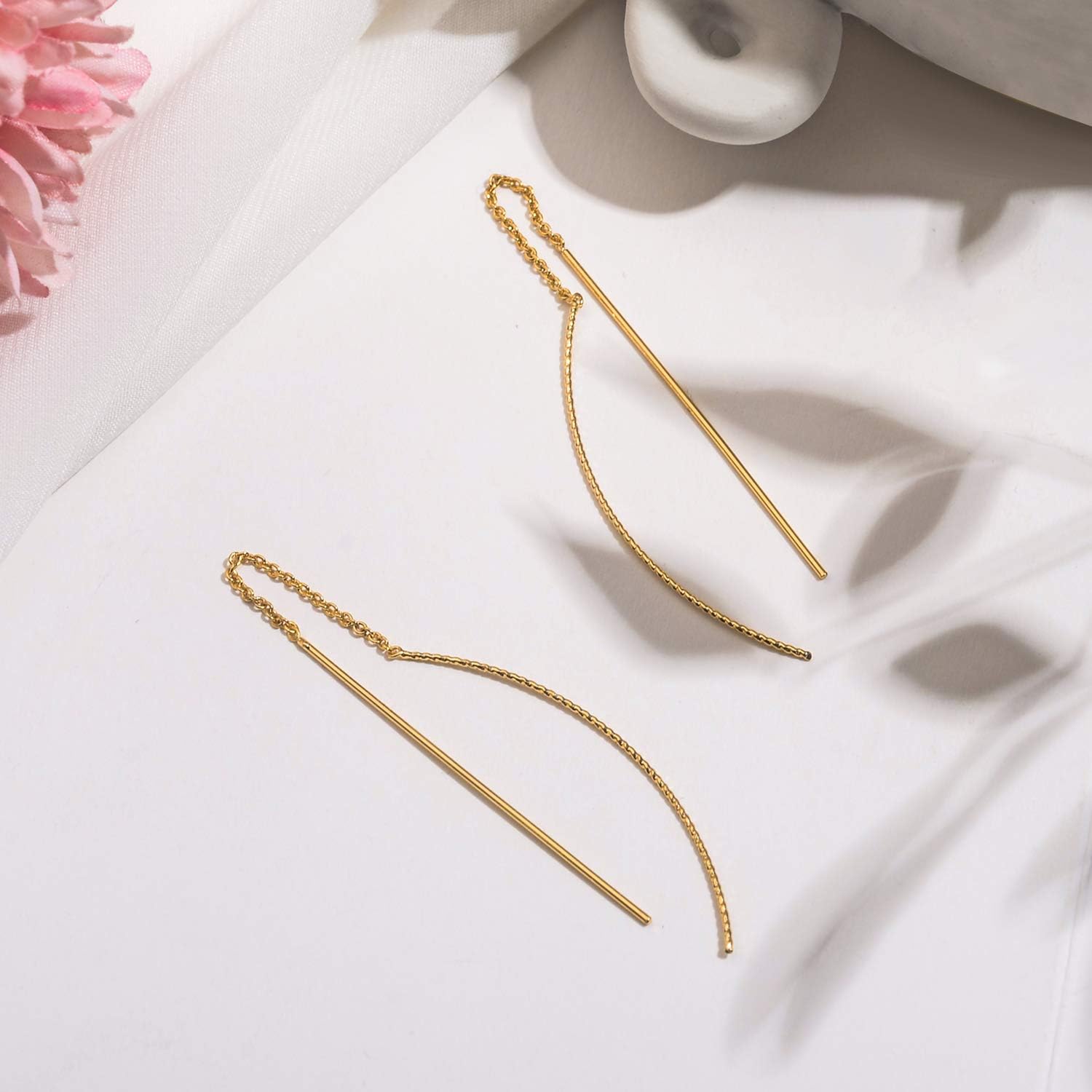 NOKMIT Threader Earrings for Women 14K Gold Tone Long Lightweight Dangle Drop Earrings Dainty Curved Bar Thin Chain Threads Hypoallergenic Jewelry Gifts - Image 5