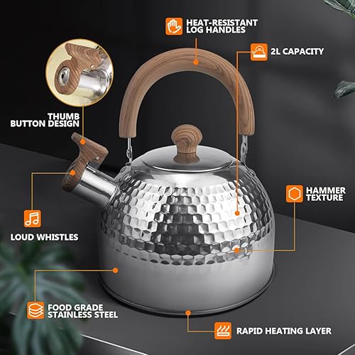 Miniatura 4 de Tetera de acero inoxidable de 2 litros con mango de madera para hervir agua, café, té, leche, etc. (azul)