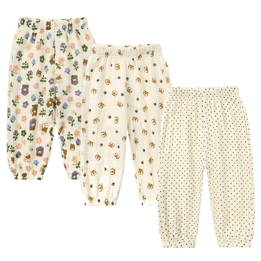 Kids Tales 3 Pack Boys Girls Cotton Linen Pants Child Basic Plain Solid Trousers Big Kids Elastic Waist Long Pants Bloomers
