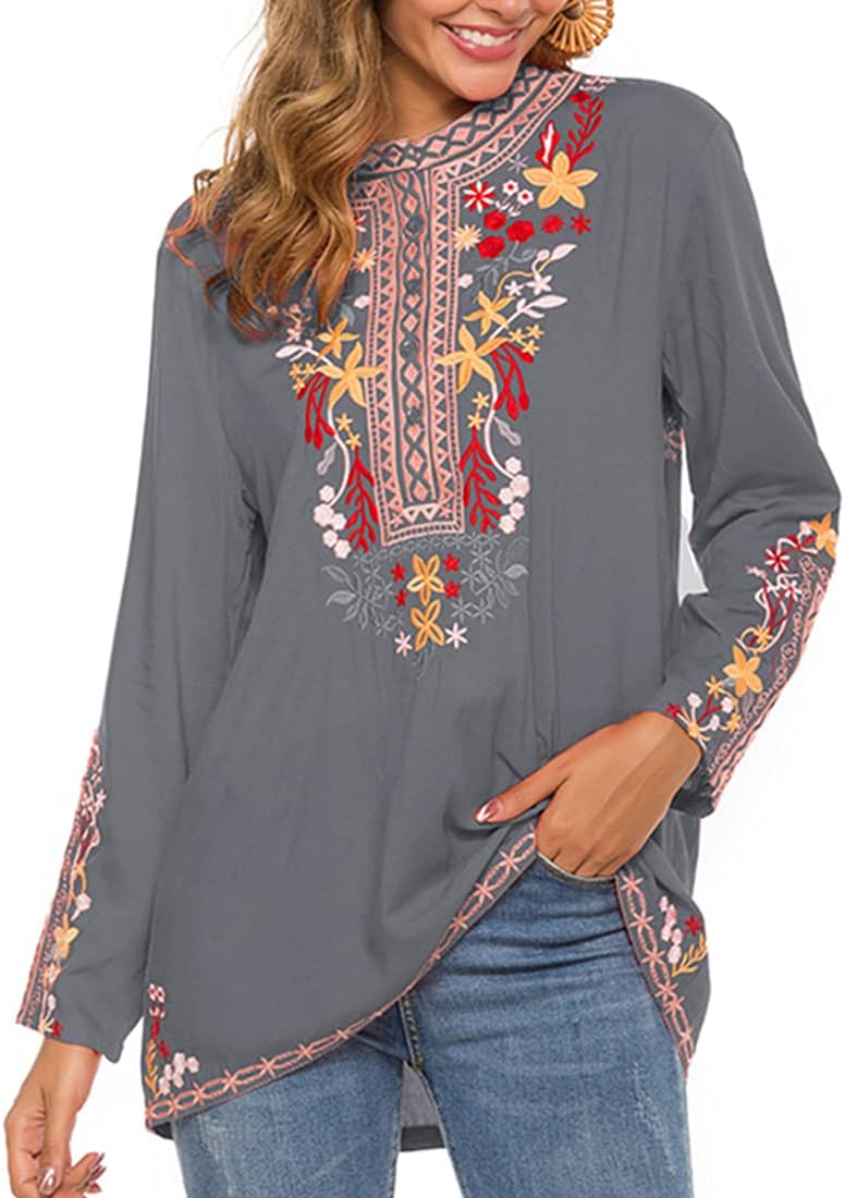 AK Women's Mexican Boho Embroidered Tops Long Sleeve Peasant Casual Loose Tunics Fall Blouse Shirts for Women