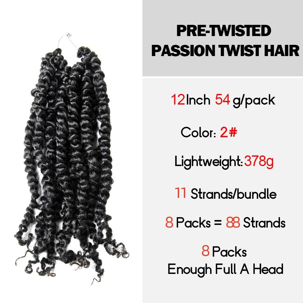 Short Passion Twist Hair 14 Inch Pre-twisted Passion Twists Crochet Hair Off Black Pre-looped Synthetic Crochet Braids (8 Packs,2#)