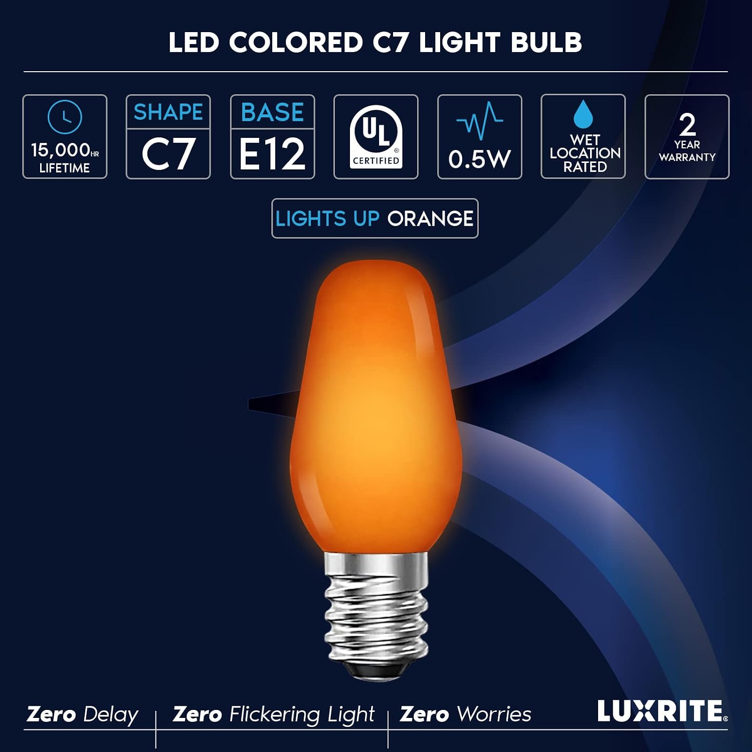 LUXRITE C7 LED Orange Replacement Light Bulbs for String Lights, 0.5W, Shatterproof Colored Candelabra Bulb, Enclosed Fixture Rated, UL, E12 Base, Indoor Outdoor, Halloween, Holiday, Party (6 Pack)