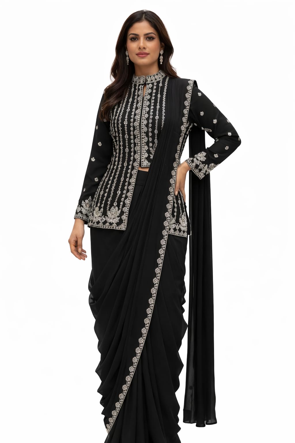 Women’s Embroidery Cording Work Ready to Wear Saree with Koti Blooming Rangoli Designer Saree Set with Stitched Jacket-picture-10