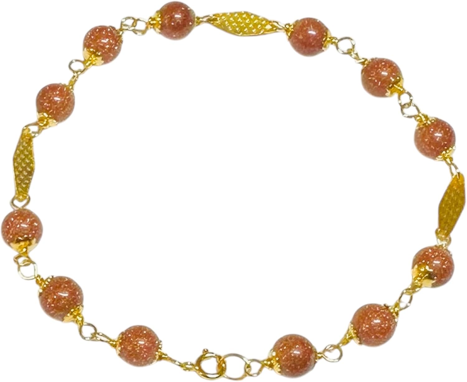 10 Karat Yellow Gold 6mm "Venturina" Brown Goldstone Beads 7.5" Plaques Bracelet