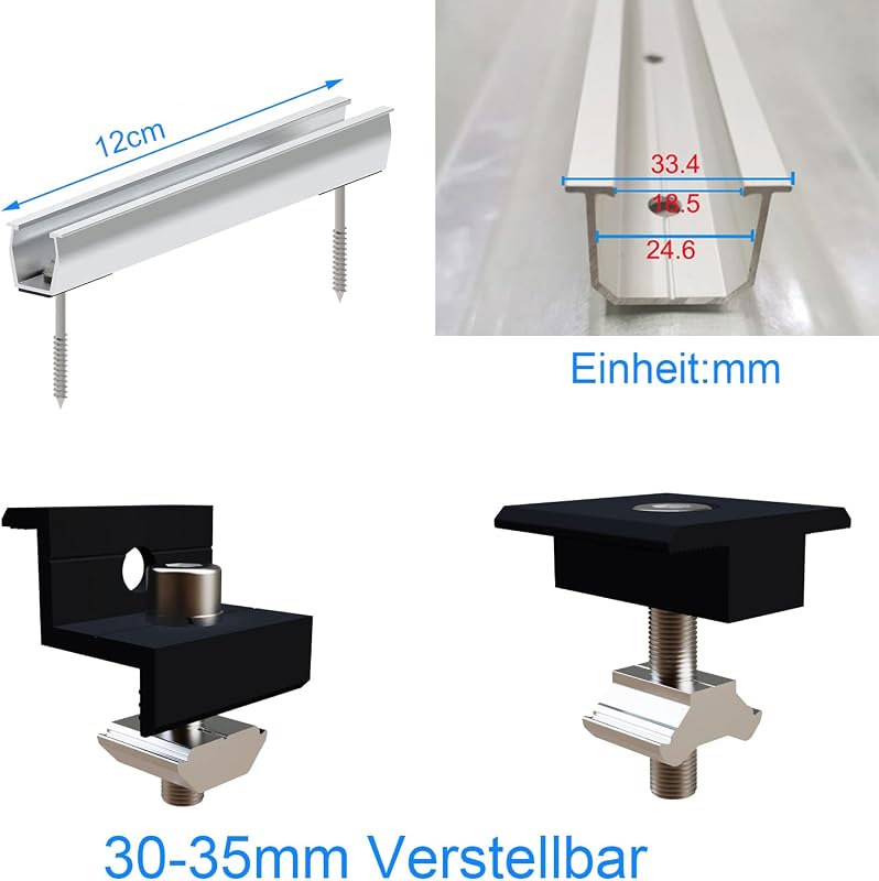XIDA Napelem Rögzítő Készlet 12 cm - Fekete Eloxált Alumínium Tartókonzol 30-35 mm-es Keretekhez, Trapézlemez és Lapostető Szereléshez, 2 Pa
