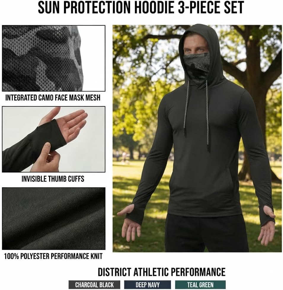 3 Pack Men's UPF 50+ Sun Protection Hoodies, Long Sleeve Moisture Wicking Shirts with Face Mask for Fishing