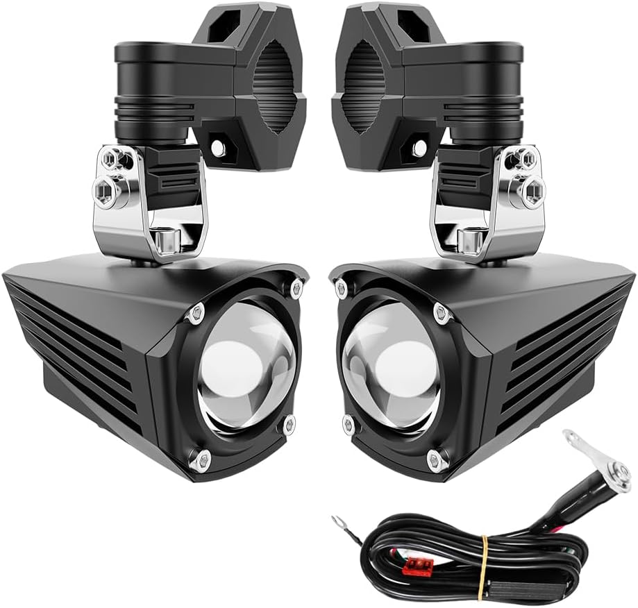 Mini Motorcycle Auxiliary Driving Light, (White+Yellow) Dual Color LED Fog Lights for Motorcycle, Strobe Modes, Waterproof Wiring Harness, Suspension Mounting Method, Acc+ Design