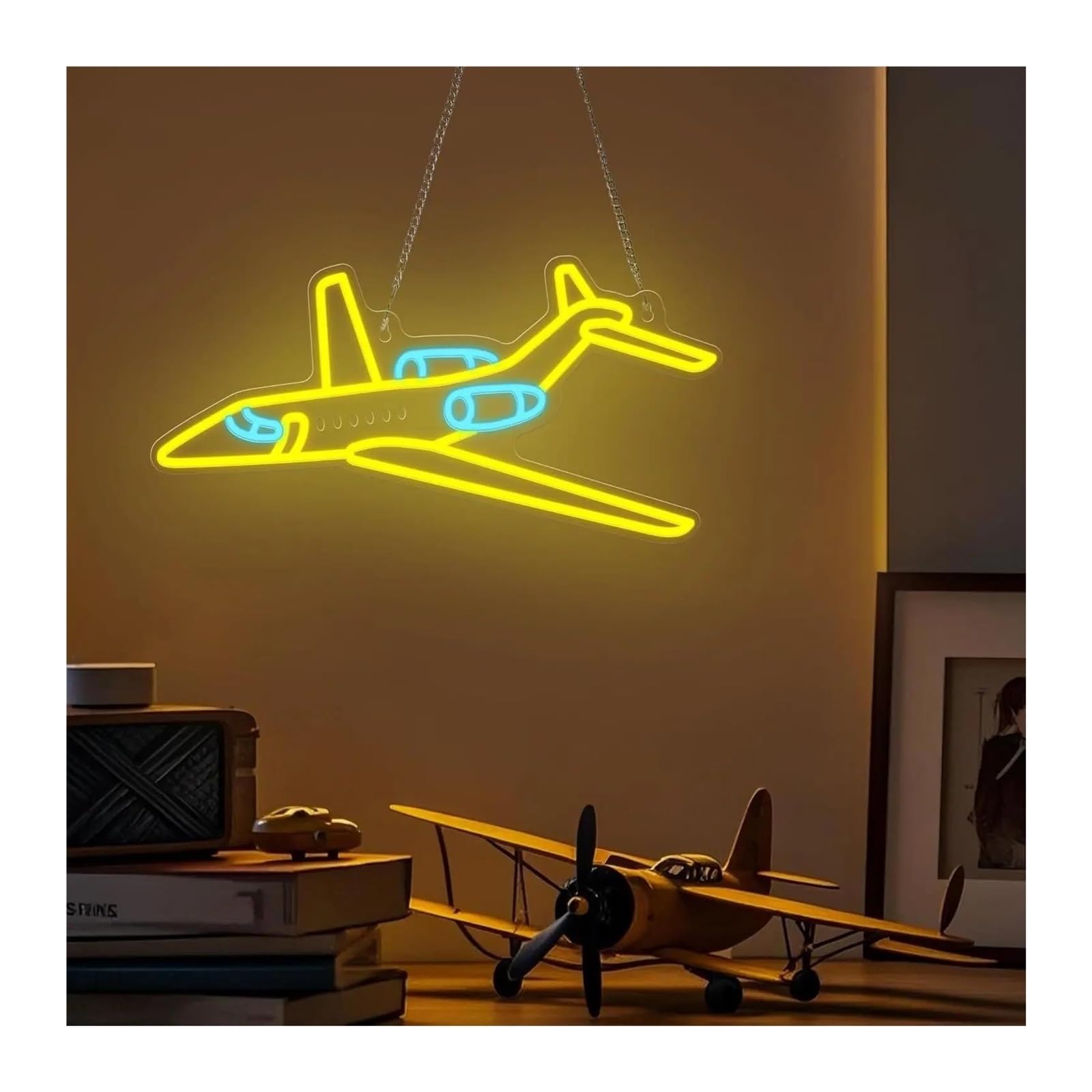 Decoración Lámparas Letrero De Neón De Avión, Luces Amarillas Y Azules Regulables Con Alimentación Por USB, Para Dormitorio Infantil, Sala De Juegos, Tienda, 43.4x24cm