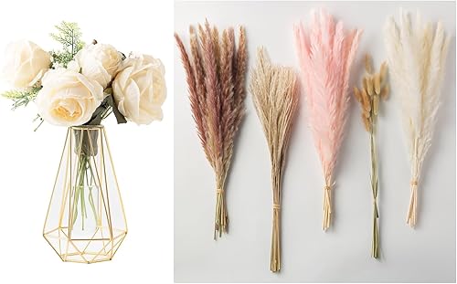 Jarrón dorado y 100 piezas de hierba seca de las pampas para decoración del hogar, florero para decoración, jarrones geométricos para centros de