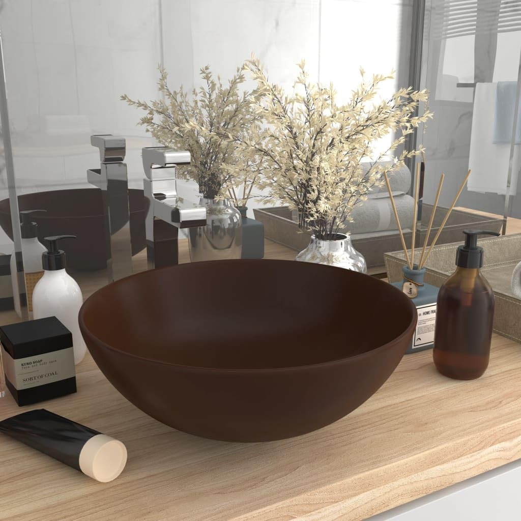 ZEYUAN Lavabo de Cuarto de baño Redondo cerámica marrón Oscuro, Lavabo sobre Encimera, Lavabo Baño, Muebles De Baño, Mueble Lavabo