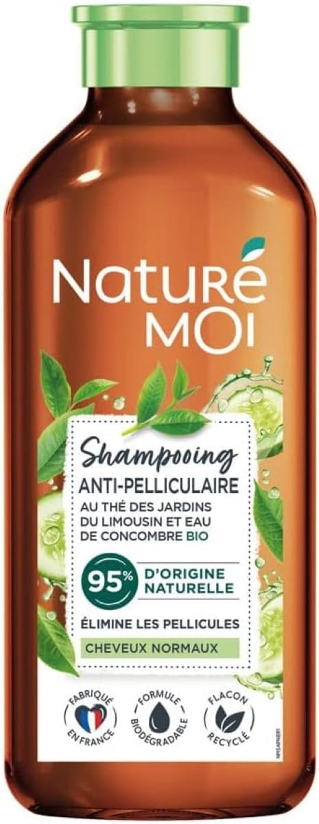 Naturé Moi - Shampooing Antipelliculaire - Sans Sulfate - Soin des Cheveux Normaux Pellicules - Thé, Eau de Concombre Bio - 95% d'Origine Naturelle - 250 ml - Fabriqué en France
