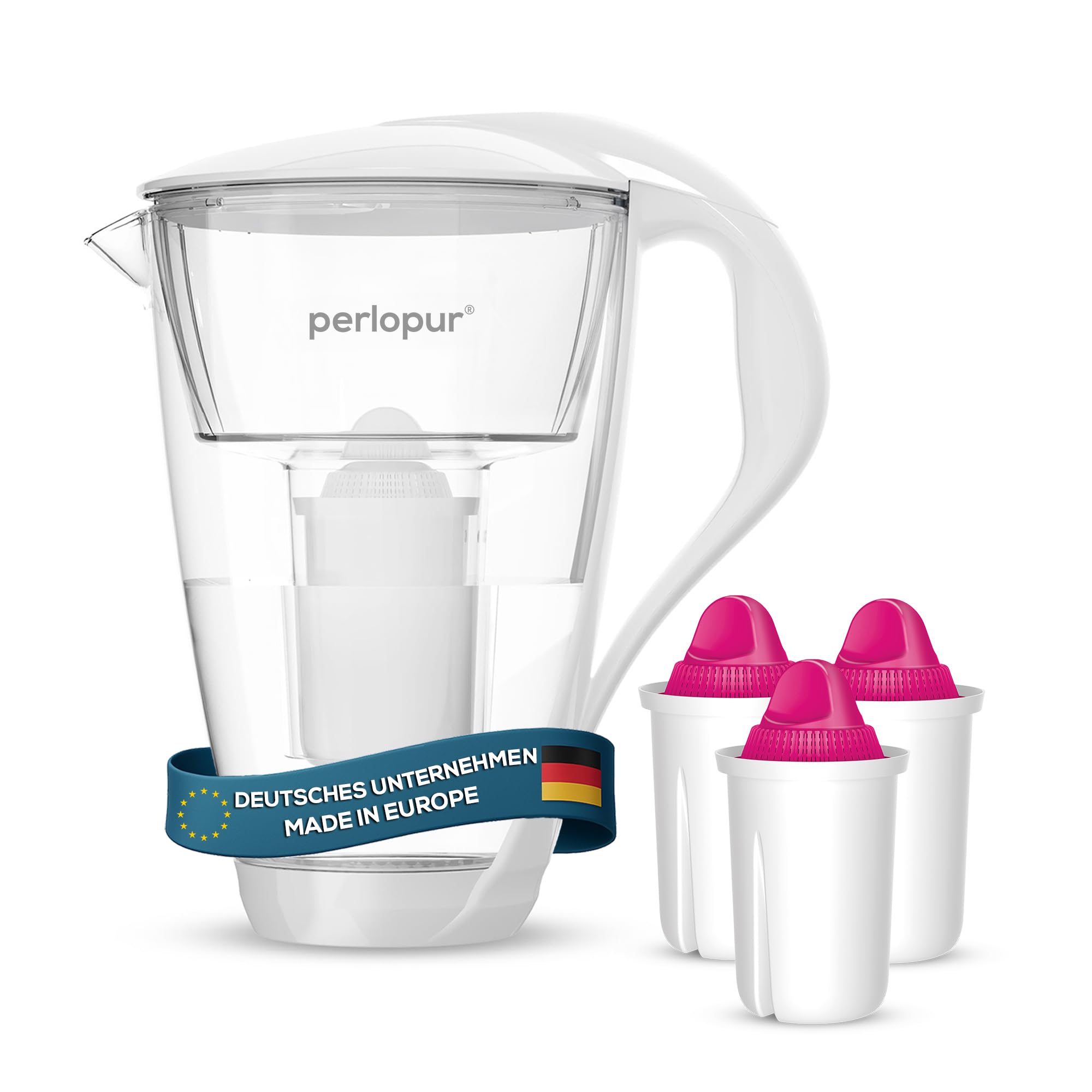PearlCo - Filtro per Acqua in Vetro (Bianco) con 3 cartucce filtrante AquaMag Classic - Adatto per Brita Classic