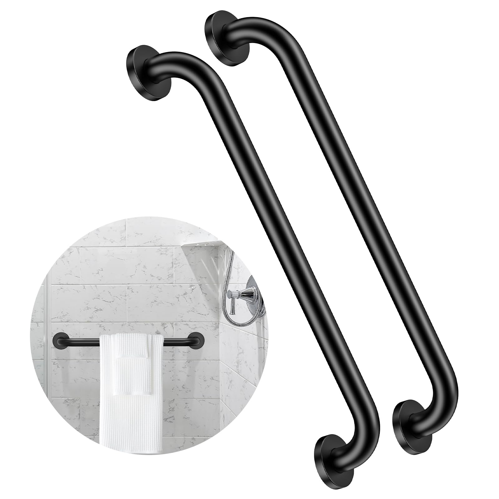 2 Pack 24 Inch Matte Black Shower Grab Bar - 1.5" Diameter, ZUEXT Stainless Steel Bathroom Grab Bar Handle, Bath Balance Bar,Safety Hand Rail Support, Handicap Injury Elderly Senior Assist Bath Handle