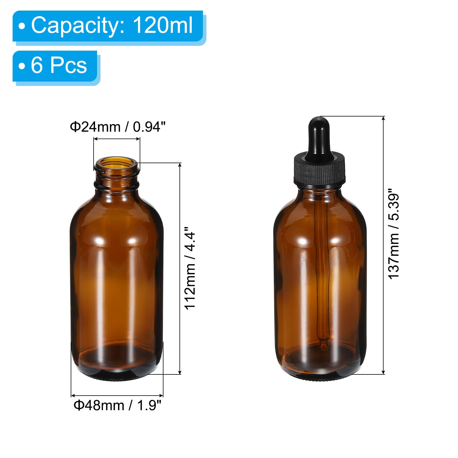 PATIKIL 120ml Glass Dropper Bottle, 6Pcs Leakproof Essential Oils Sample Liquid Perfume Container with Golden Eye Dropper for Storage Home Travel, Amber