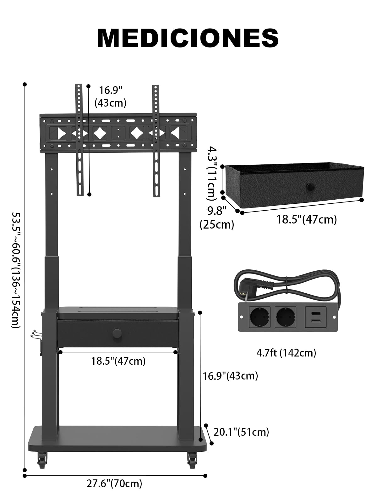 Soporte de TV, Toma de Corriente y cajón de Tela, para TV Planas/Curvas de 32-75", soporta hasta 100 kg, Carro móvil TV con Ruedas y Altura Ajustable, para hogar y Oficina. VESA máx 600 x 400mm Negro