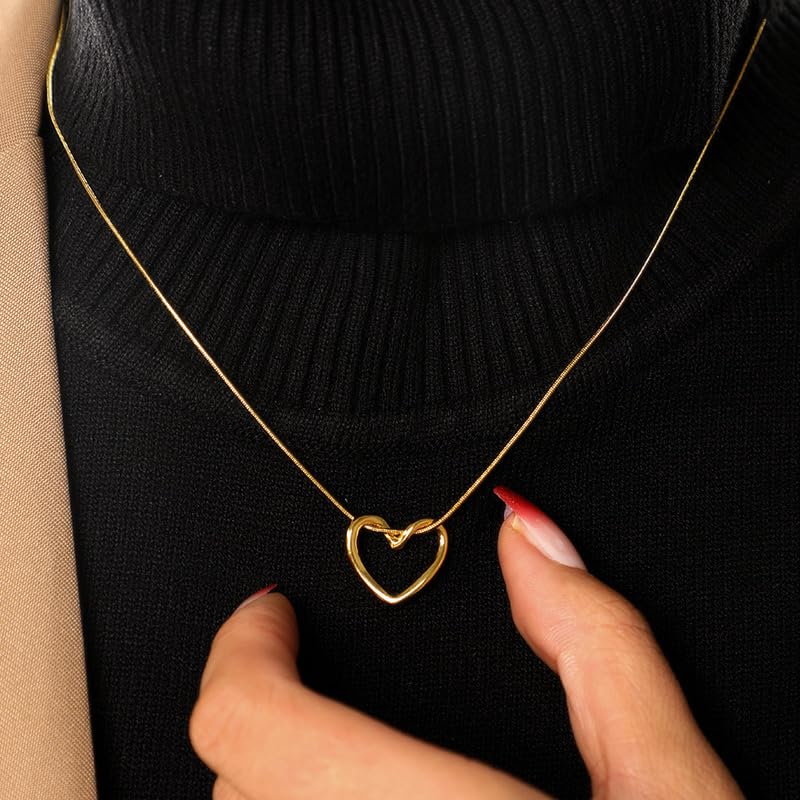 Image of 18K Gold Plated Heart Pendant Chain Necklace for Women & Girls | Anti Tarnish Stainless Steel Minimal Love Locket Stylish Everyday Wear Jewellery Valentine, Anniversary Birthday G