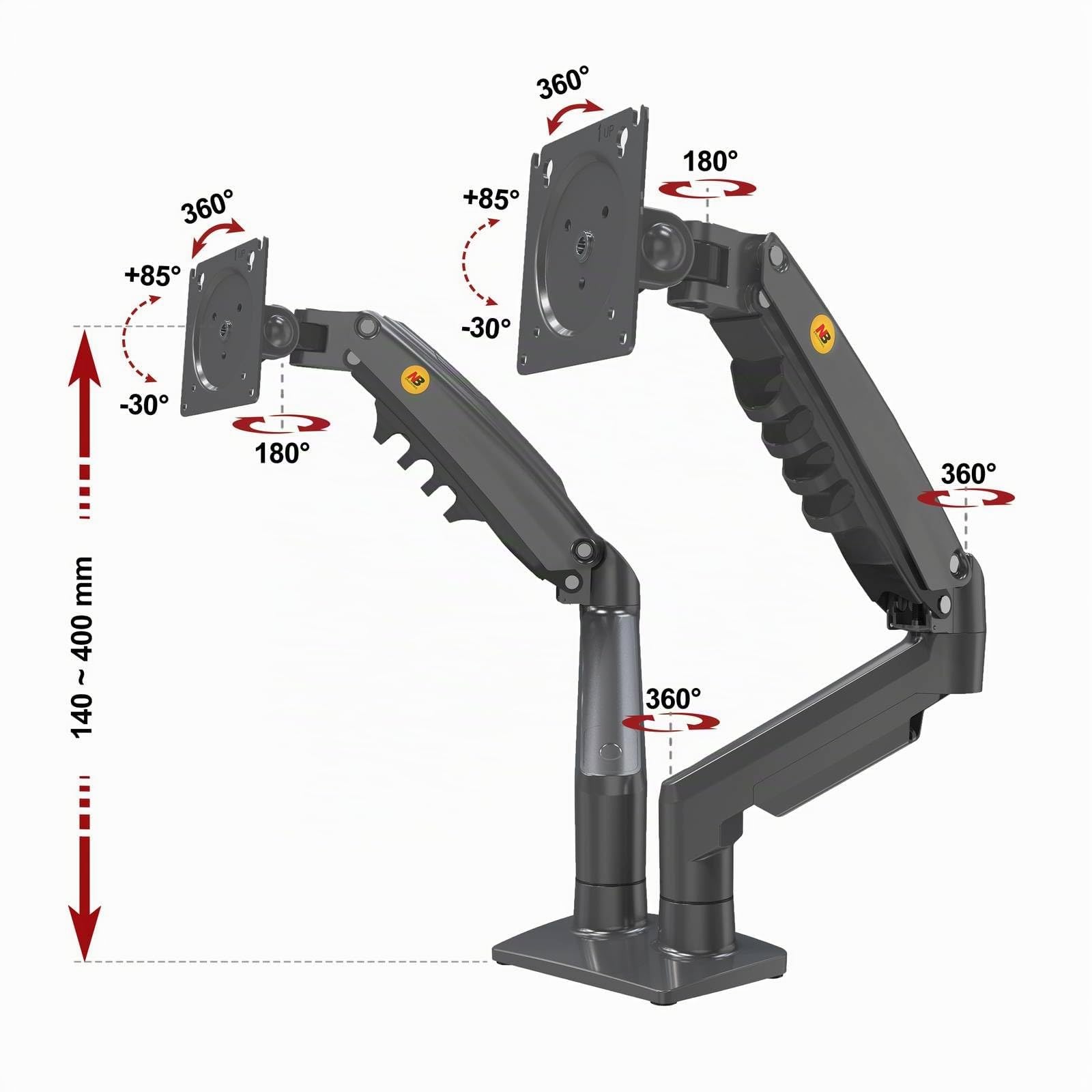 Support de Bureau orientable avec Ressort à gaz pour Deux écrans PC LCD LED 17-32 Pouces jusqu'à 2x9 kg