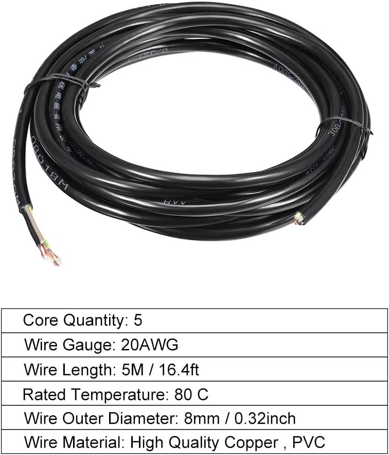 uxcell RVV Wire Cable Extension Cord Stranded PVC Cord Copper Wire Electric 5 Conductor 20 AWG 5M/16.4ft Length