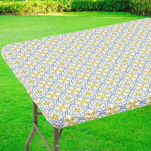 Mantel ajustable de vinilo elástico para mesa plegable de 6 pies, mantel rectangular de 30 x 72 pulgadas, mantel impermeable y lavable para fiestas de picnic en interiores y exteriores, patrón