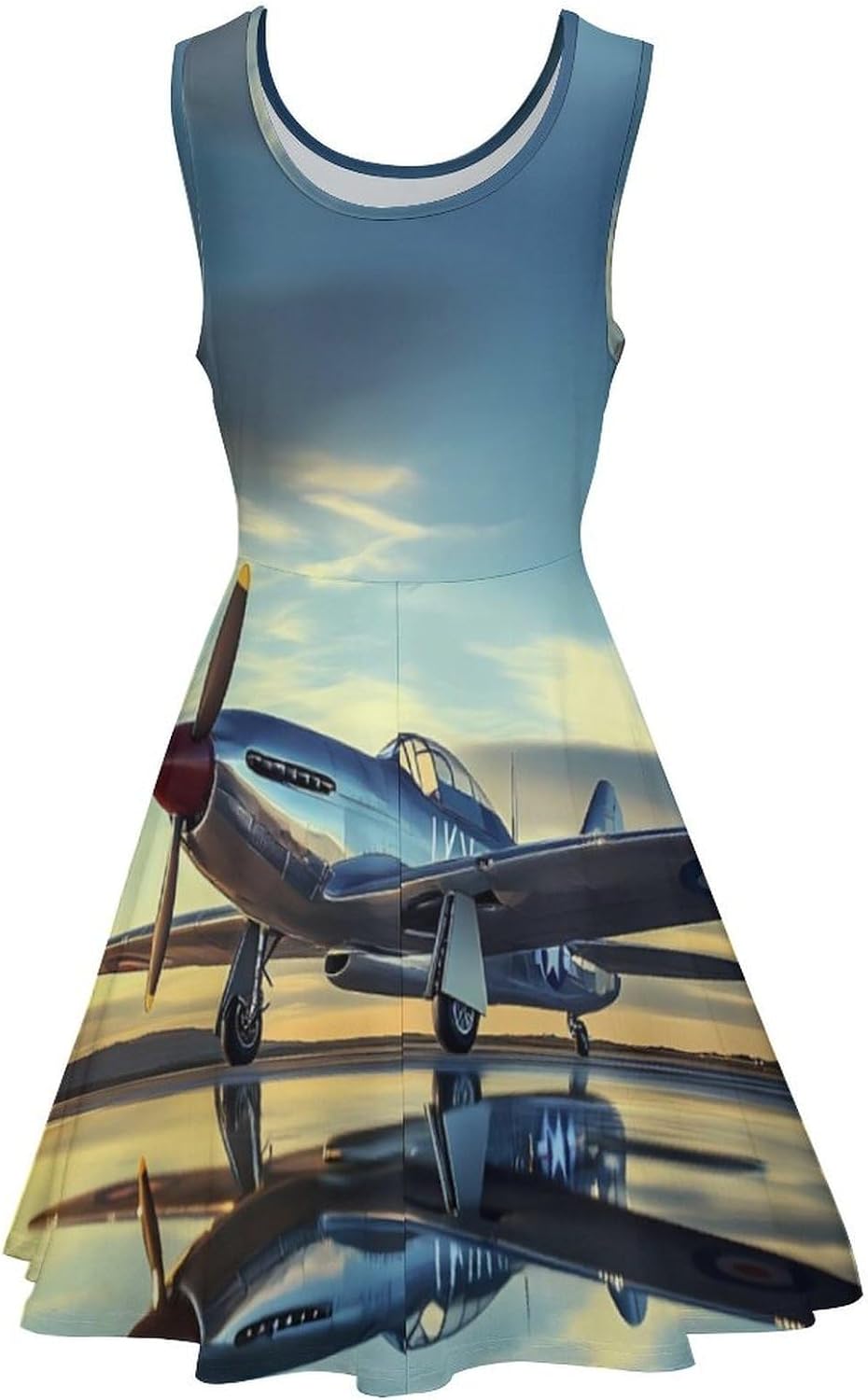 Airplane Vintage Aviation Fighter Women's Dresses Round Neck Dress Sleeveless Tank Dress Ruffle Hem Sundress