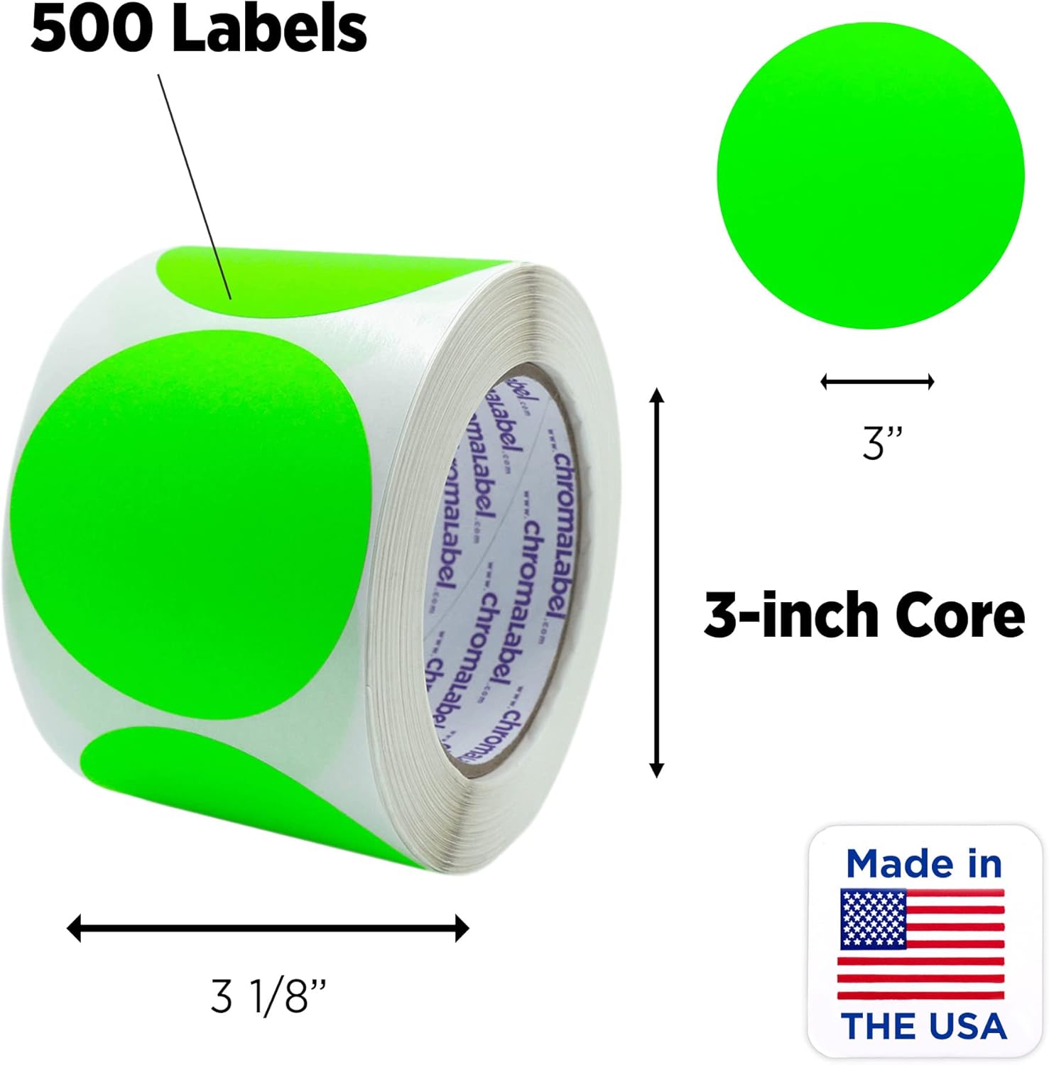 ChromaLabel 3 Inch Round Label Permanent Color Code Dot Stickers, 500 Labels per Roll, Fluorescent Green : Office Products
