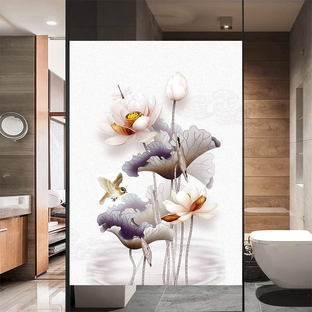 Window Privacy Film Frosted Hand-Painted Lotus Decorative Static Cling Window Stickers Non Adhesive Window Clings UV Blocking Heat Control Window Coverings for Home/Office 29.52"x74.80"(75x190cm)