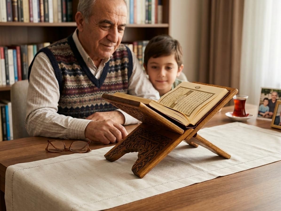 Elar Wooden Ahşap Rahle - Selçuklu Motifli Oyma Kitap ve Kur'an-ı Kerim Standı, Katlanabilir (45 cm uzunluk, 18 cm genişlik) – Kuran-ı Kerim ve Büyük Boy Kitap Tutucu (45 cm)