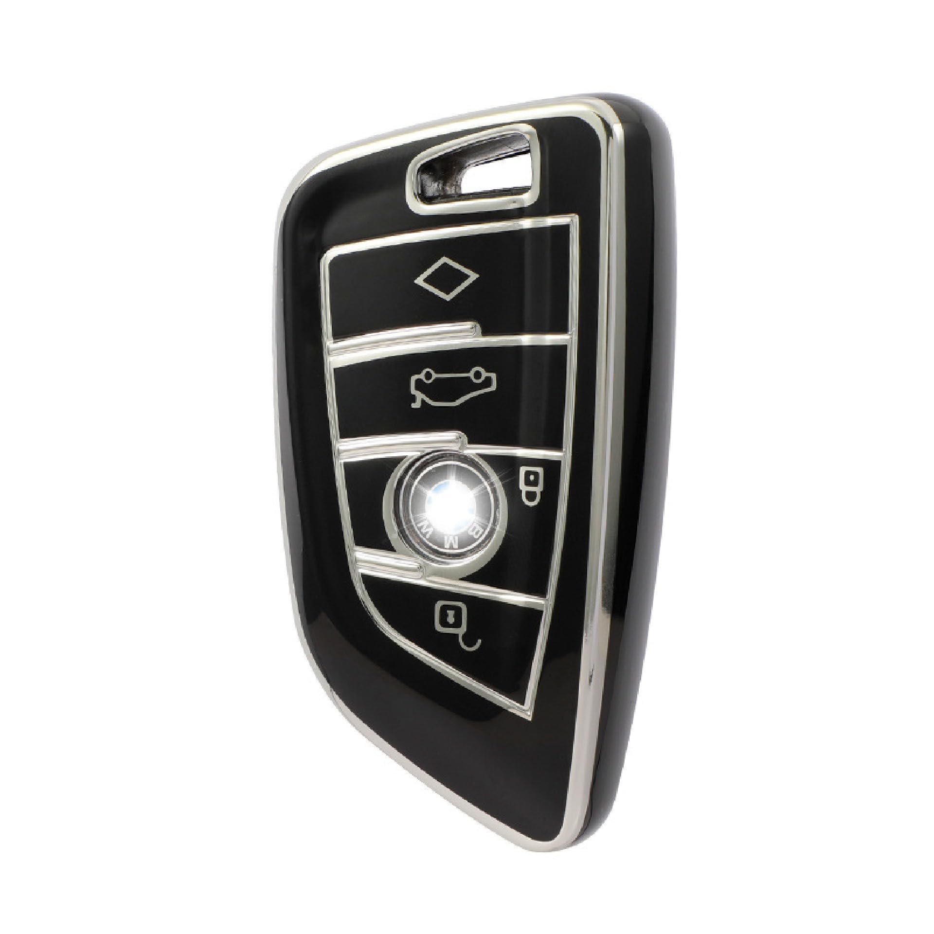 JVCV® Silver Border TPU Key Cover Compatible with BMW X1, X3, X6, X5, 5 Series, 6 Series, 7 Series 4 Button Blade Smart Key (Black)