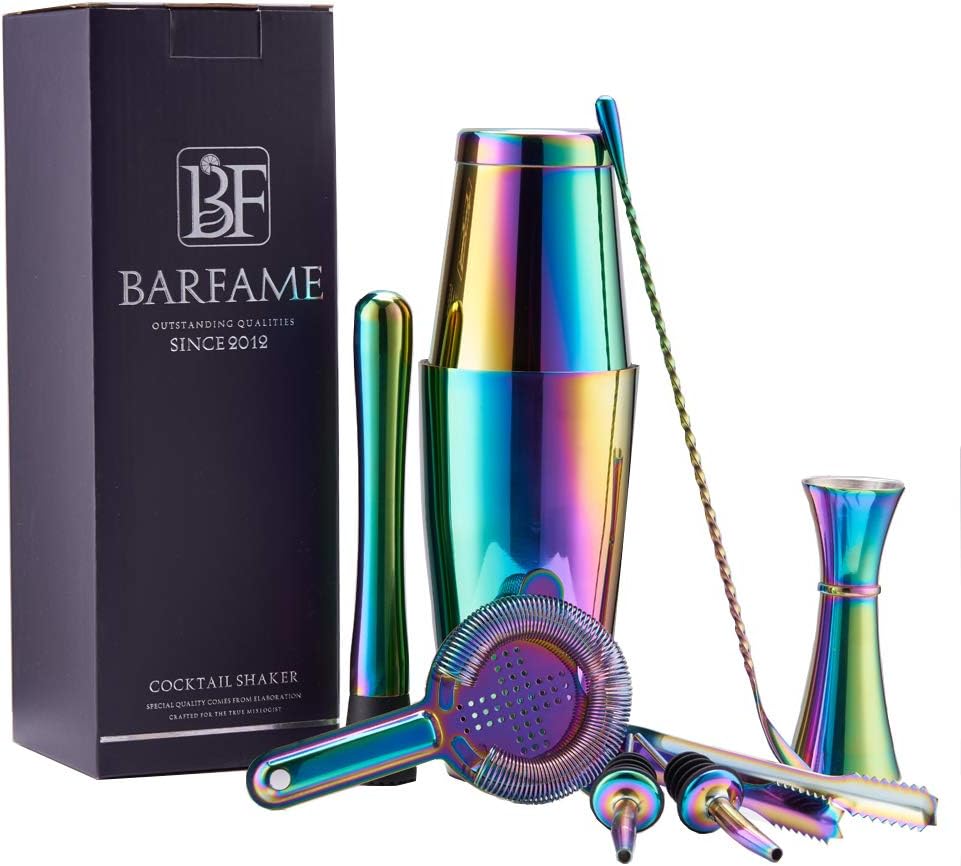 Boston Cocktail Shaker Set 18/8 Stainless Steel Bartender Kit, Including 18oz&28oz Shaker Tins, Double Jigger, Muddler, Mixing Spoon, Ice Tong, Cocktail Strainer and Mesh Strainer by Barfame(Rainbow)