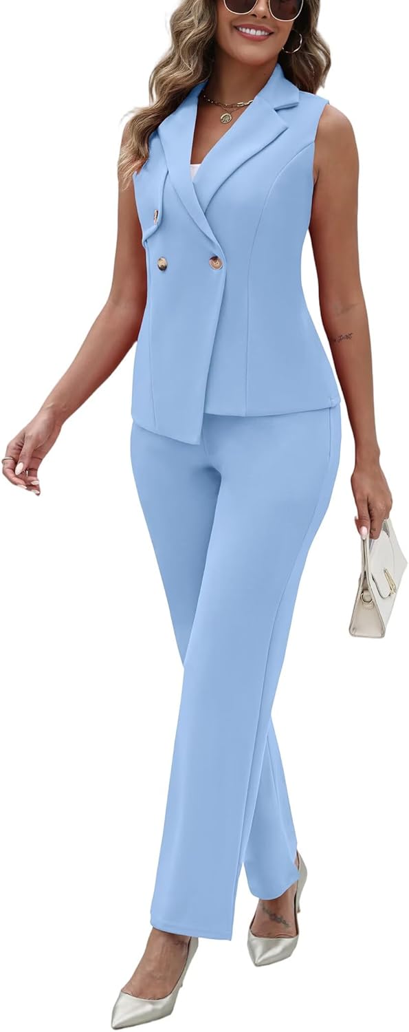 Pant Suits for Women Dressy V Neck Sleeveless Vest Blazer Wide Leg Pants Sets 2 Piece Business Casual Work Outfit - Image 6
