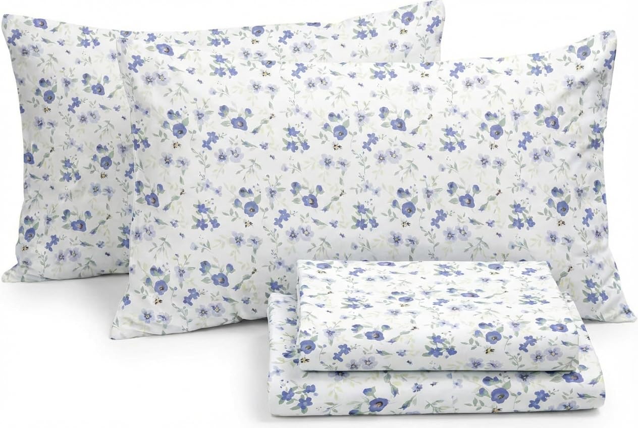 Linen Market 4 Piece Queen Sheet Set - Breathable, Double-Brushed Patterned Cooling Sheets – Oeko-TEX Certified Ultra Soft & Wrinkle-Free 16" Deep-Pocket Queen Sheets - Easy Care Blossoms Light Blue