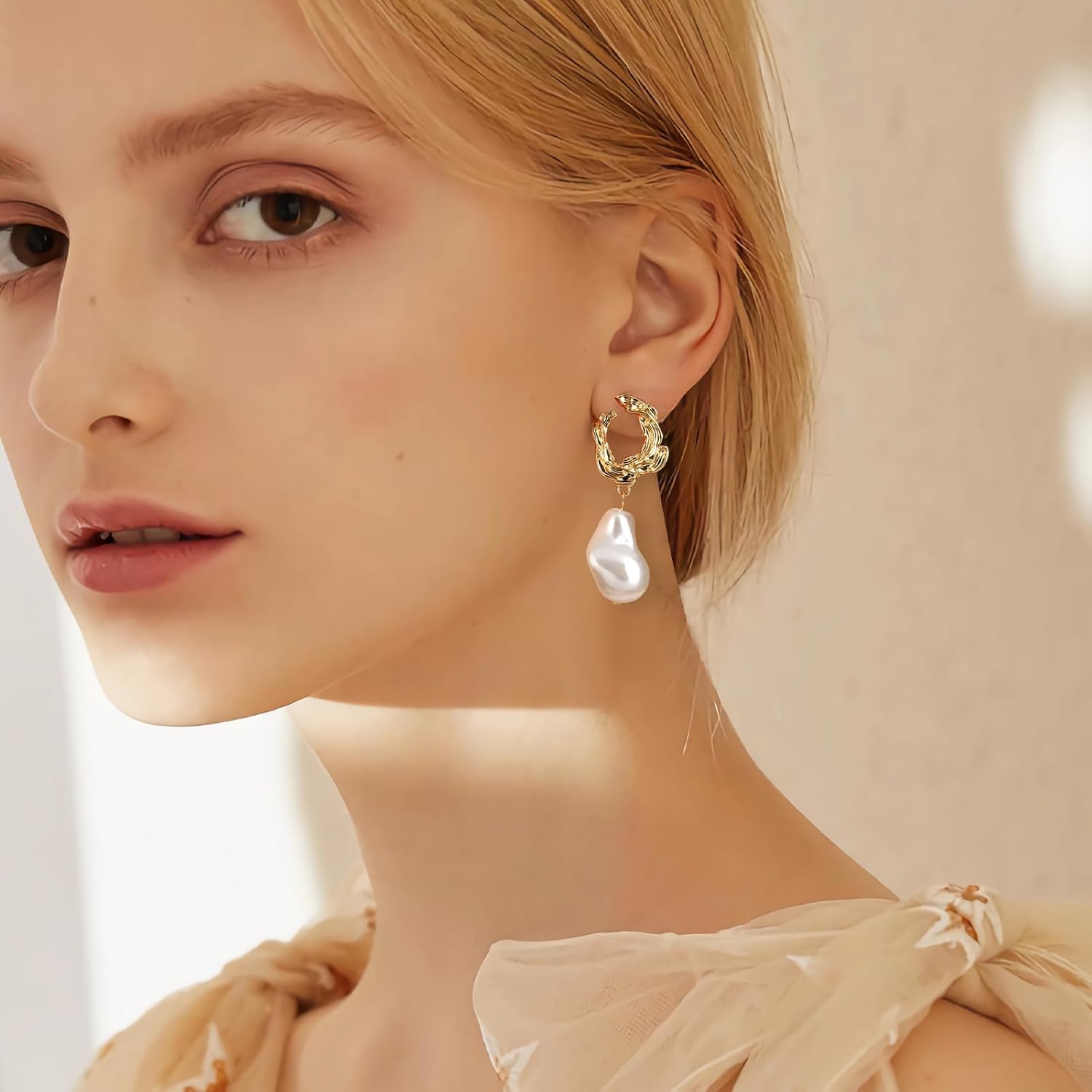 Yowivon Pearl Drop Earrings 14K Gold Plated Dangle Hypoallergenic Statement Earring Trendy Fashion Jewelry Gifts for Women Birthday Wedding - Image 2