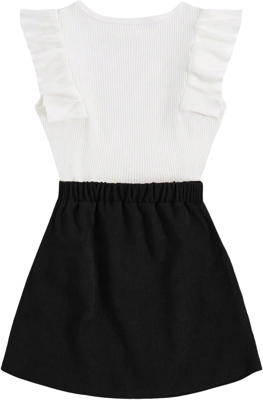 SHENHE 2pcs Girl's Skirt Outfits Ruffled Ribbed Cap Sleeve T Shirt and Button Down Tie Front Skirt Set - Image 2