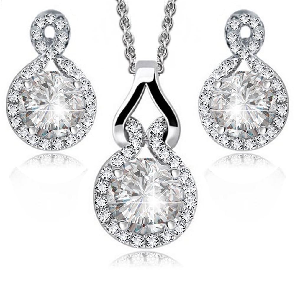 Crystalline Azuria Redondo Zirconia Cristales Juegos de Joyas Collar Pendientes 18ct Chapado en Oro Blanco para Mujeres y Niñas