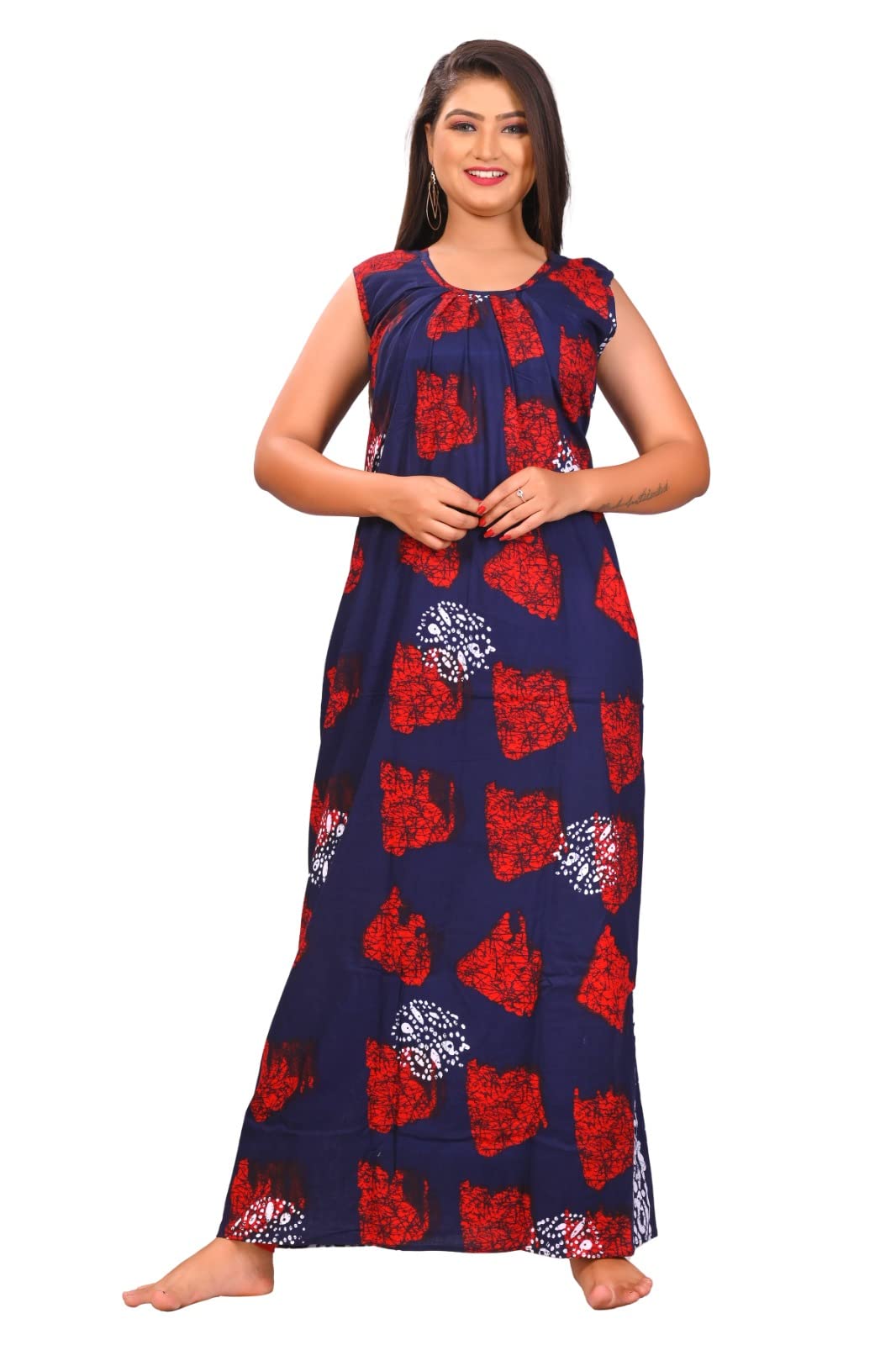 fabimi Women's Pure Cotton Sleeveless Nighty - XL Size (46" Chest), 55" Length | Soft & Breathable Floral Print Long Nightgown for Summer-picture-37