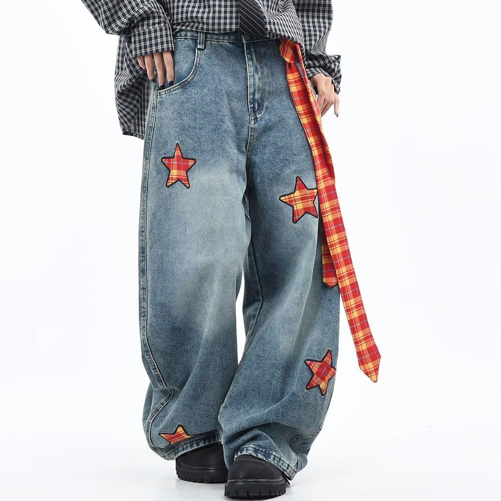 Women's High Waisted Wide Leg Baggy Washed Jeans Vintage Blue Checkered Star Patches Distressed Denim Pants - Image 5