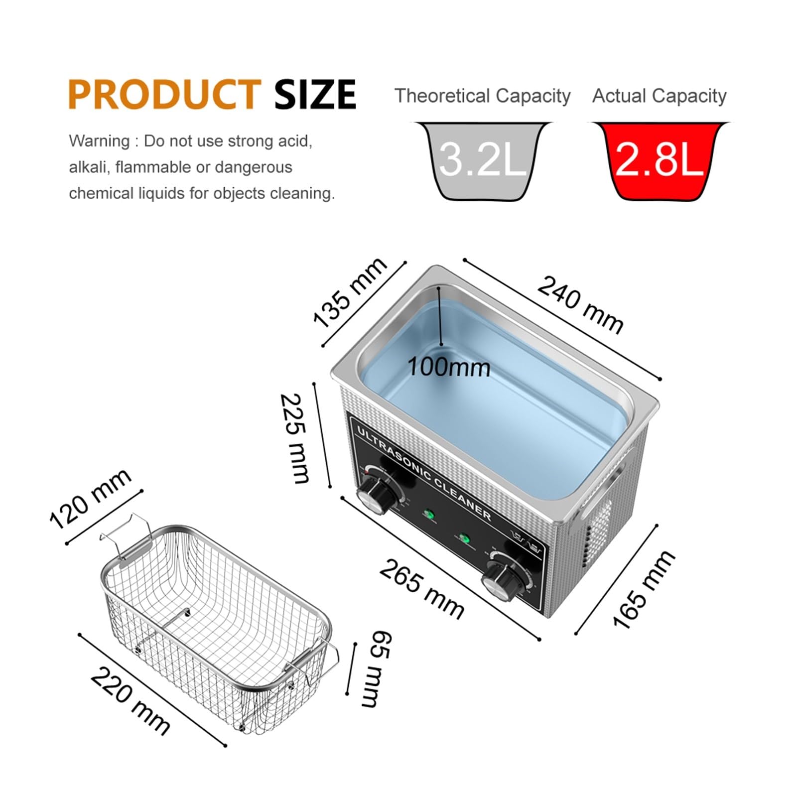 Baño Limpiador Ultrasónico 3.2L Plus 180W 40kHz con 3 Transductores Perilla Mecánica Control Calentador Temporizador | 3.2L-120W