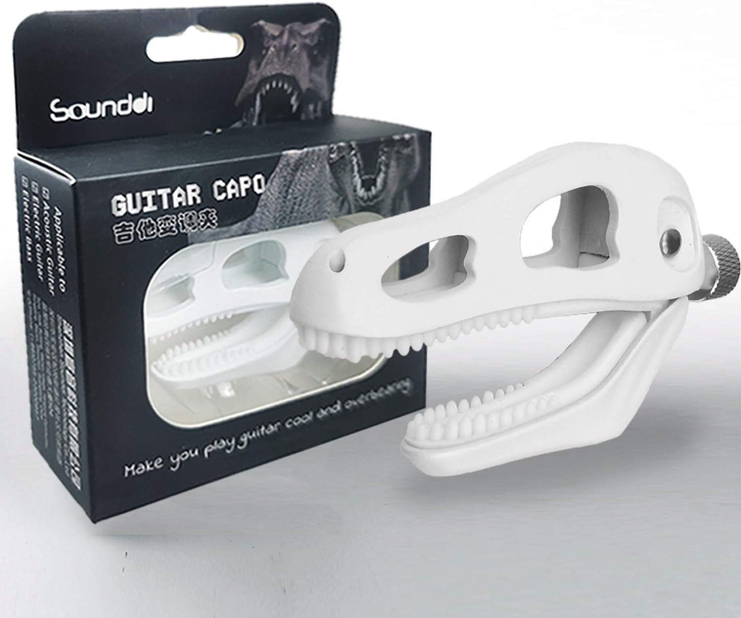 Dragon Skull Guitar Capo - Zinc Alloy Clamp with Silicone Teeth, Universal Adjustable Capo for Acoustic/Electric Guitars, Bass, Ukulele | Non-Slip Design, No Buzzing, Tyrannosaurus Head Shape (White)