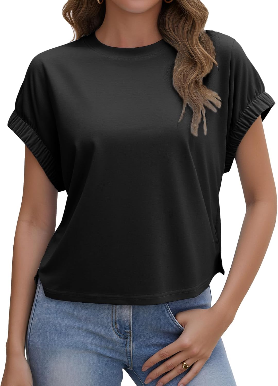 Womens Summer Crop Tops Cap Sleeve Tshirt Summer Crew Neck Solid Color Shirts - Image 2