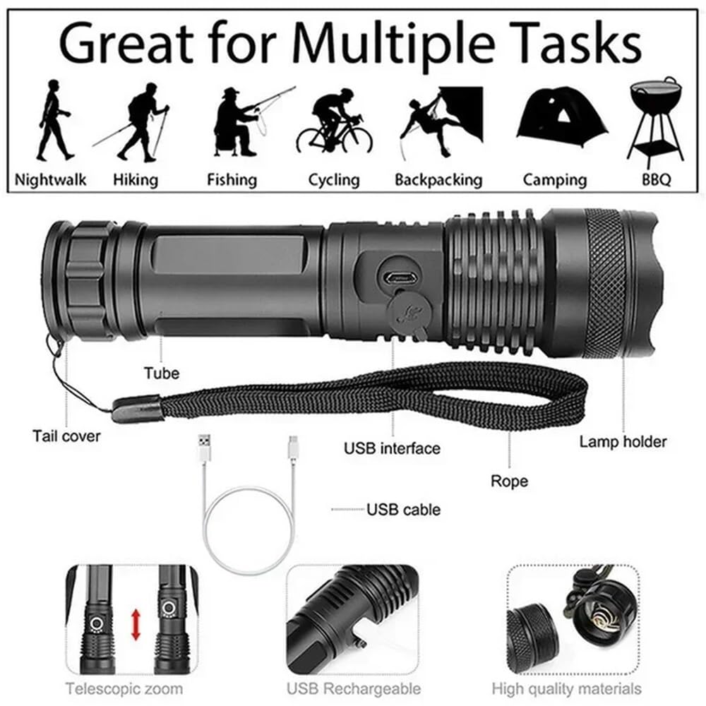 Linterna Led XHP100 de alta potencia, linterna recargable de 4 núcleos con Zoom, linterna de mano Usb apta for acampar, exteriores y uso de emergencia(BLACK_XHP100 FLASHLIGHT_ZOOM_2PCS)