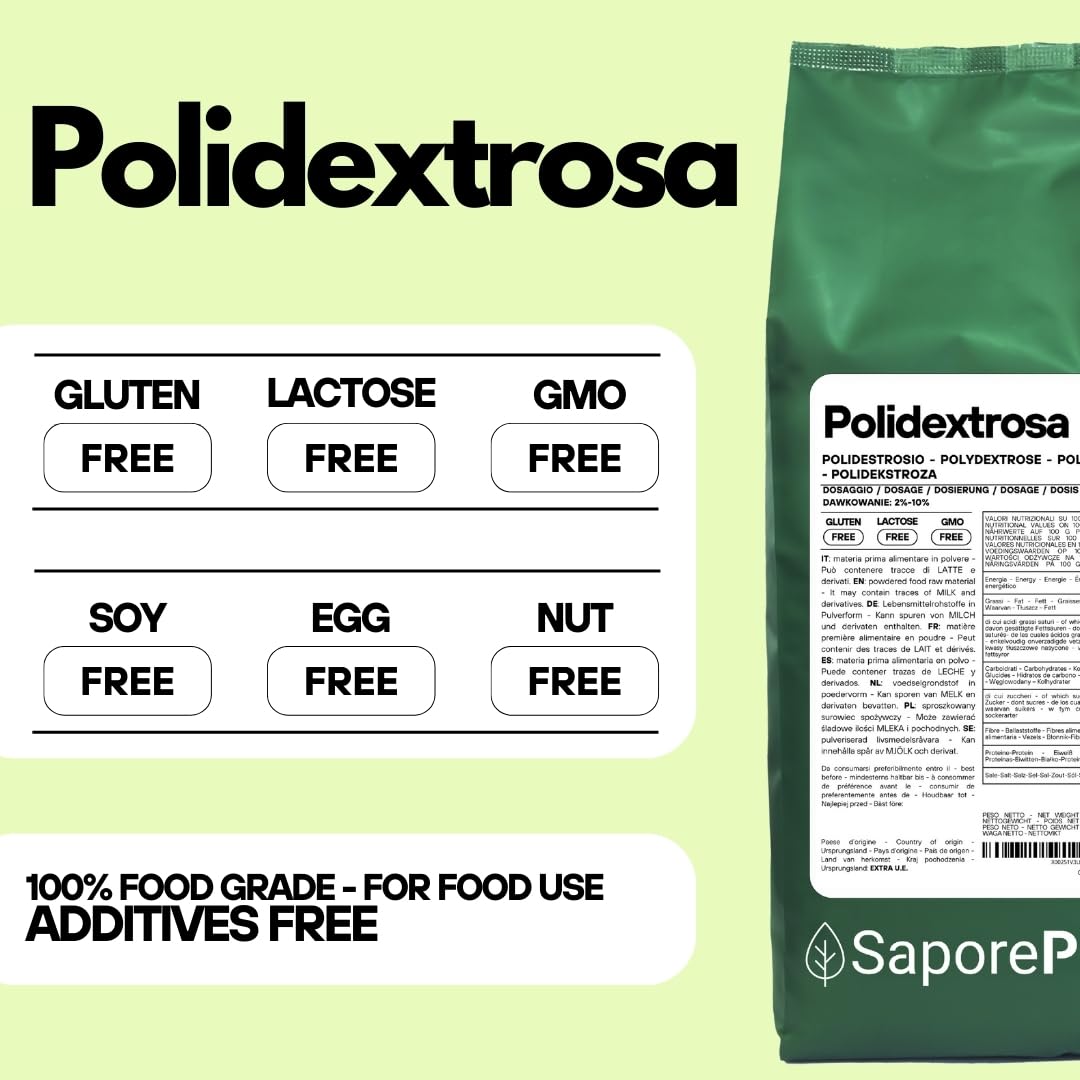 SaporePuro Polidextrosa en polvo 1 kg – Fibra alimentaria soluble – Bajo en calorías, espesante y estabilizante, ideal para helados, postres, productos de repostería y bebidas