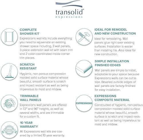 Miniatura 160 de Transolid EWKX483696-41 Expressions - Kit de pared de ducha de 6 paneles con extensión, 36 pulgadas de largo x 48 pulgadas de ancho x 96 pulgadas