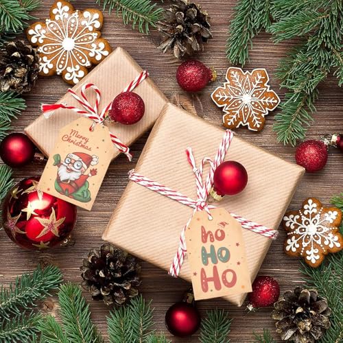 Acooruiteng 48 Stück Geschenkanhänger Weihnachten Kraftpapier Etiketten Geschenkanhänger Kraftpapier Anhänger Weihnachten Geschenkanhänger Christmas Tags mit Schnur für Weihnachten Dekoration