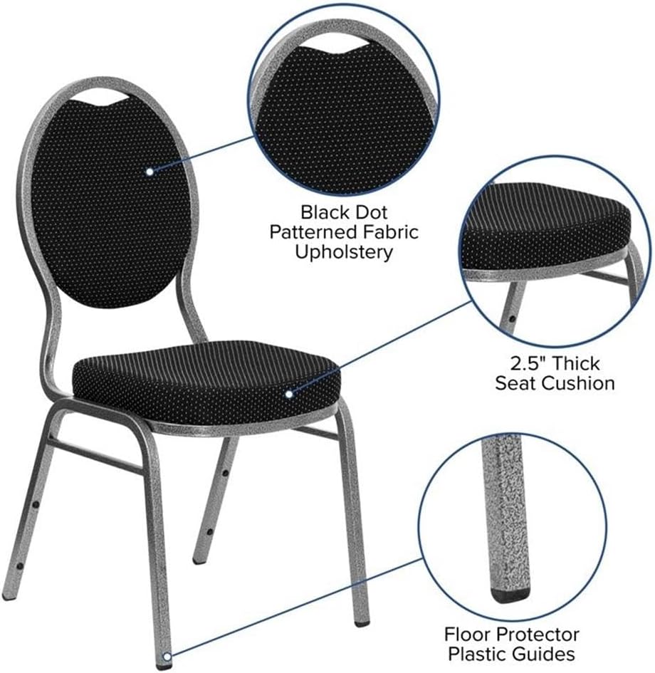 BOWERY HILL Fabric/Metal Teardrop Back Stacking Chair, Black Patterned Upholstery, 16 Gauge Steel Frame, Silver Vein Finish, Commercial Grade, 500 lb Capacity, Stackable Event or Dining Seating