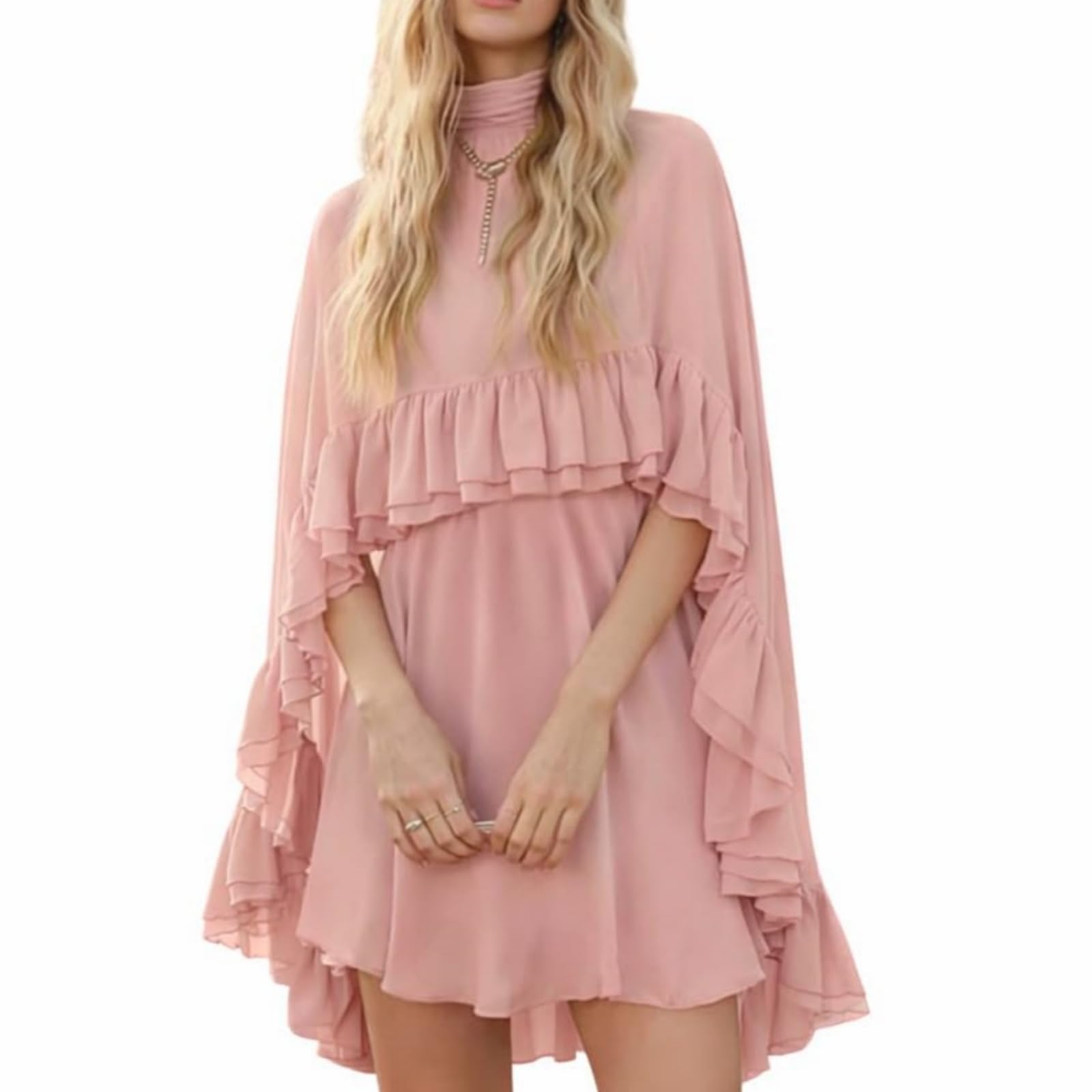 Generico Abito Estivo Corto ed Elegante in Chiffon Semitrasparente con Volant e Mantella Esterna; Maniche a Poncho, Collo alla Coreana e vestibilità Morbida e fluida