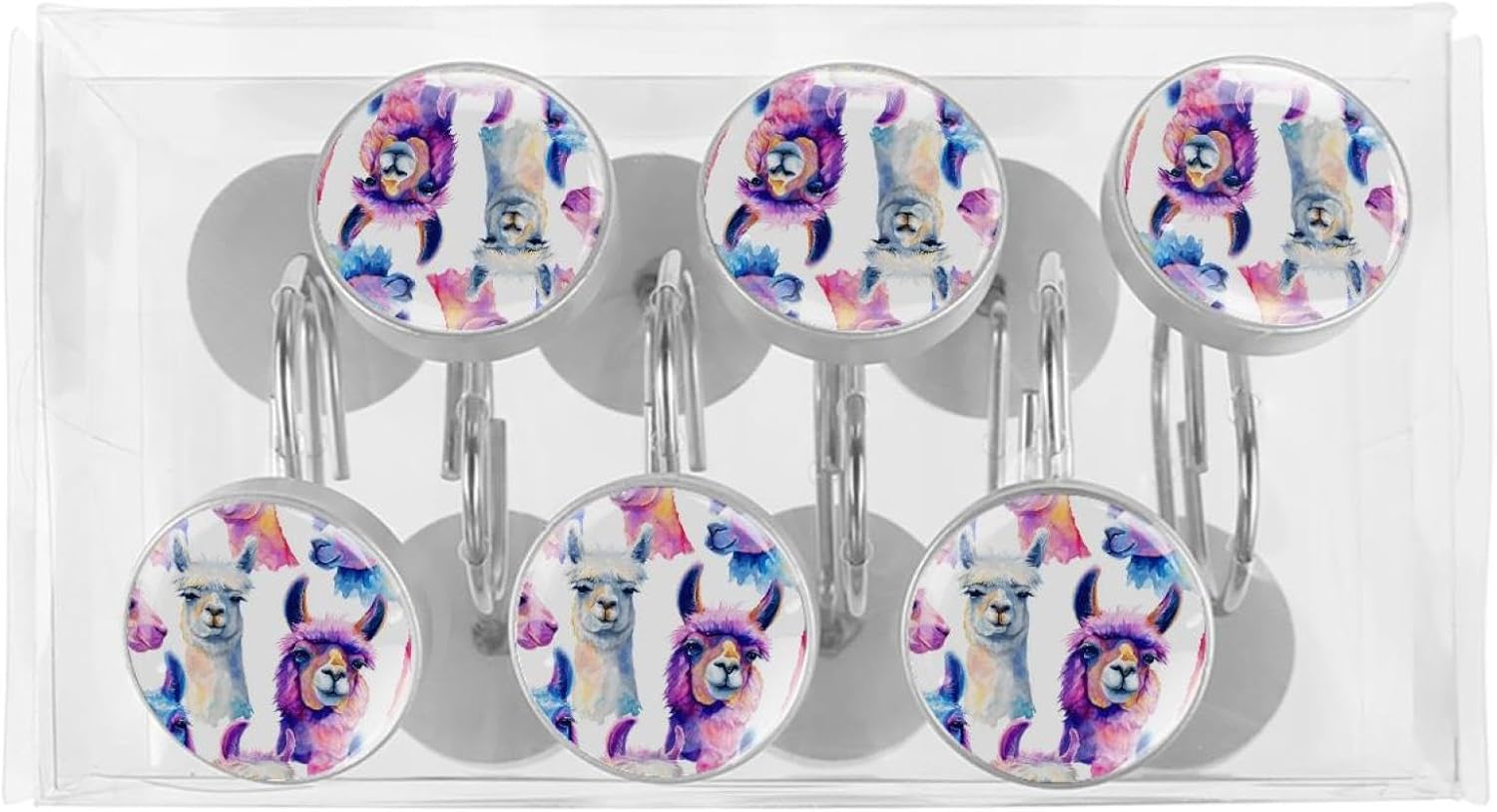 Llamas Round Crystal Glass Decorative Shower Curtain Hooks with 3D Pattern Visual, Rust Proof Shower Curtain Rings-12 Pack