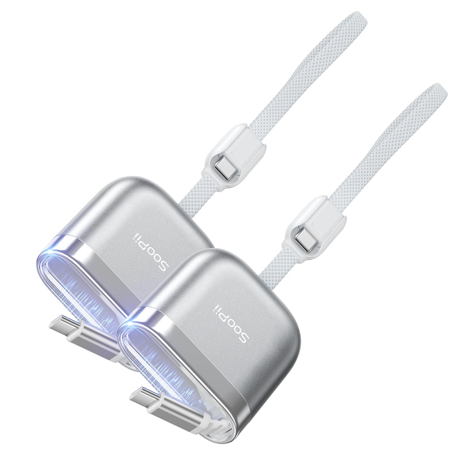 SOOPII Cable USB C a USB C retráctil de 240 W, 2 unidades, color plateado
